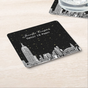 NYC Skyline Etched Starry DIY BG Colour SQ Coaster