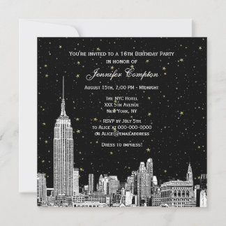 NYC Skyline Etched Starry DIY BG Colour SQ Sweet 1 Invitation