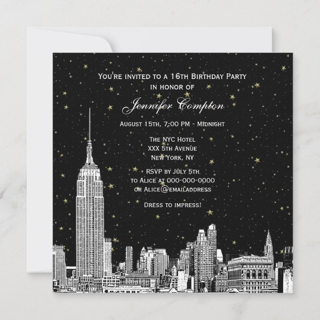 NYC Skyline Etched Starry DIY BG Colour SQ Sweet 1 Invitation (Back)
