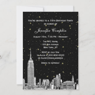 NYC Skyline Etched Starry DIY BG Colour Sweet 16 Invitation