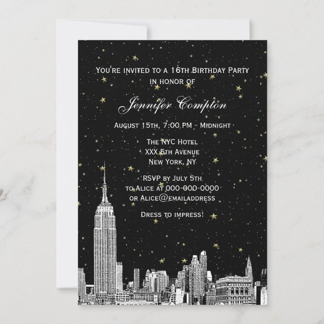 NYC Skyline Etched Starry DIY BG Colour Sweet 16 Invitation (Back)