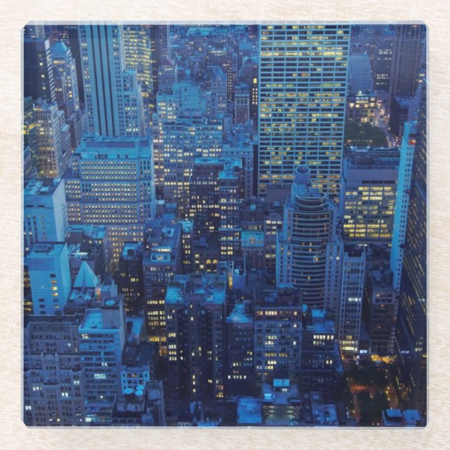 NYC Skyline, high angle view at dusk Glass Coaster (Front)