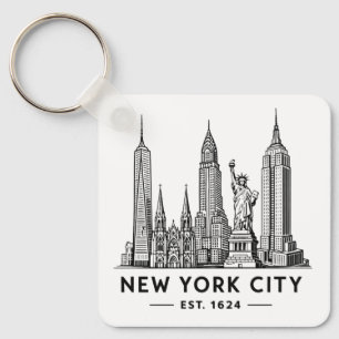 NYC Skyline Illustration with Statue of Liberty Key Ring