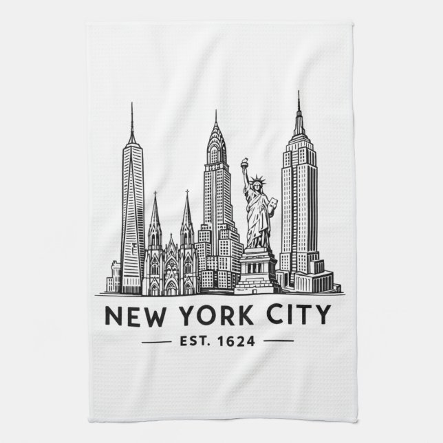NYC Skyline Illustration with Statue of Liberty Tea Towel (Vertical)