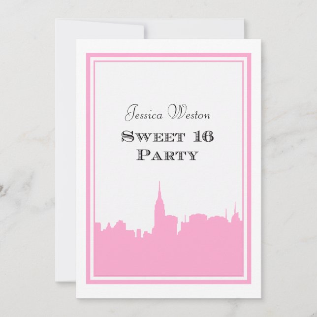NYC Skyline Pink Silhouette #2 DIY Sweet 16 Invitation (Front)