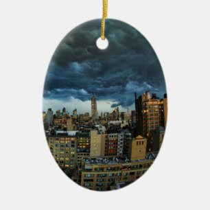 NYC Skyline: Scary massive derecho storm cloud Ceramic Tree Decoration