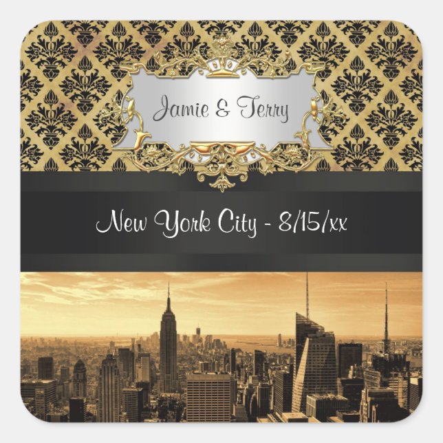 NYC Skyline Sepia B5 Blk Rib Damask Stickers (Front)