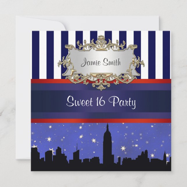 NYC Skyline Sil Blue Sky2 Blue Wht Stripe Sweet 16 Invitation (Front)