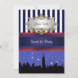 NYC Skyline Sil Blue Sky2 Blue Wht Strp Sweet 16 V Invitation