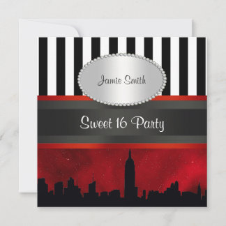 NYC Skyline Sil Red Sky Blk Wht Stripe P Sweet 16 Invitation