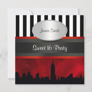 NYC Skyline Sil Red Sky Blk Wht Stripe P Sweet 16 Invitation