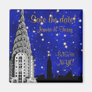 NYC Skyline Silhouette Blue Star Save Date Magnet