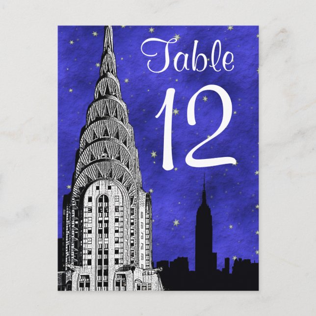 NYC Skyline Silhouette Blue Starry Table Number Postcard (Front)