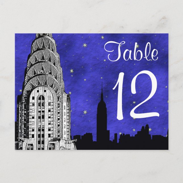 NYC Skyline Silhouette Chry Blu Strry Table Number Postcard (Front)
