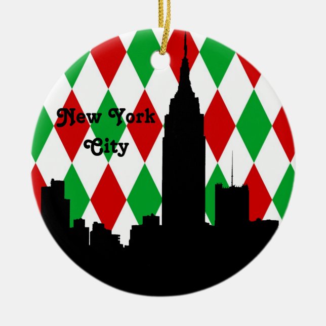 NYC Skyline Silhouette ESB Red Grn Harlequin Xmas Ceramic Tree Decoration (Front)