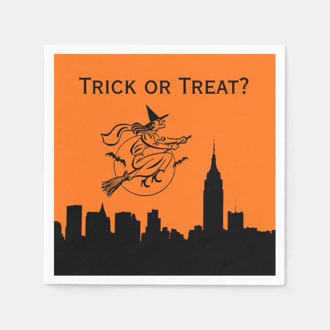 NYC Skyline Silhouette Halloween Flying Witch Napkin (Front)