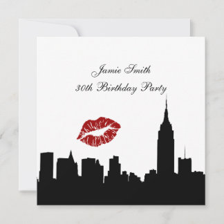 NYC Skyline Silhouette, Kiss ESB #1 BW Birthday SQ Invitation