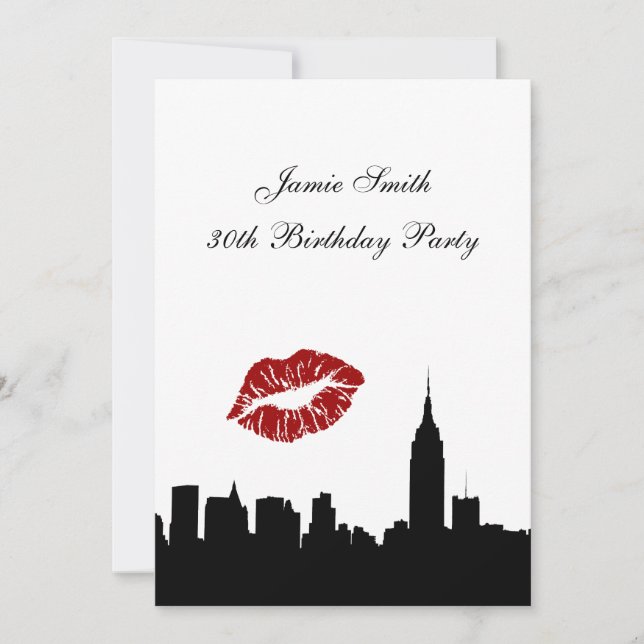 NYC Skyline Silhouette, Kiss ESB #1 BW Birthday V Invitation (Front)