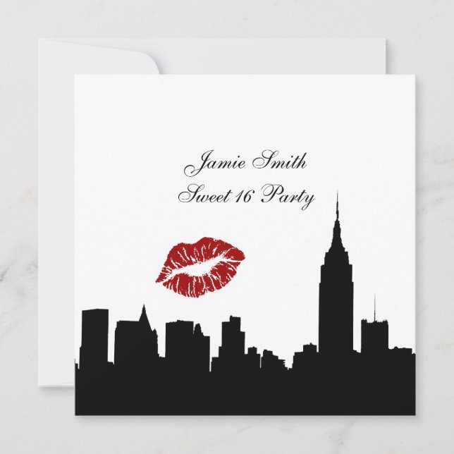 NYC Skyline Silhouette, Kiss ESB #1 BW Sweet 16 SQ Invitation (Front)