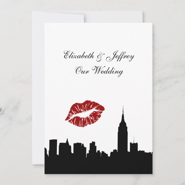 NYC Skyline Silhouette, Kiss ESB #1 BW Wedding V Invitation (Front)