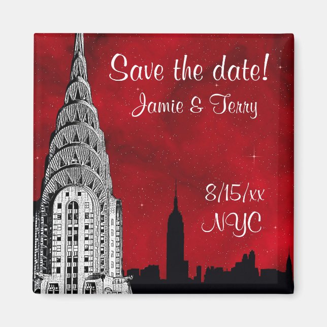 NYC Skyline Silhouette Red Star Save Date Magnet 2 (Front)