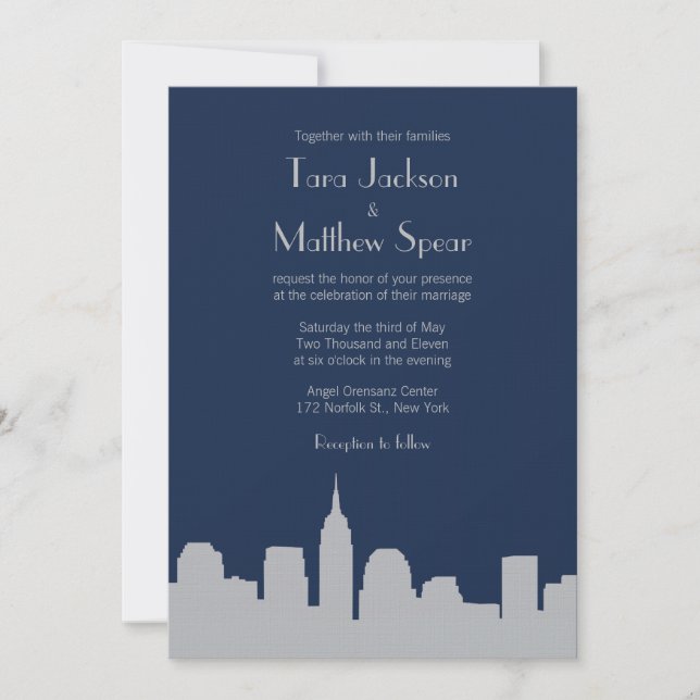 NYC Skyline Wedding Invitation - Navy / Silver (Front)