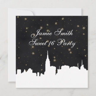 NYC Skyline Wht Silhouette Blk Gold Star Sweet 16 Invitation