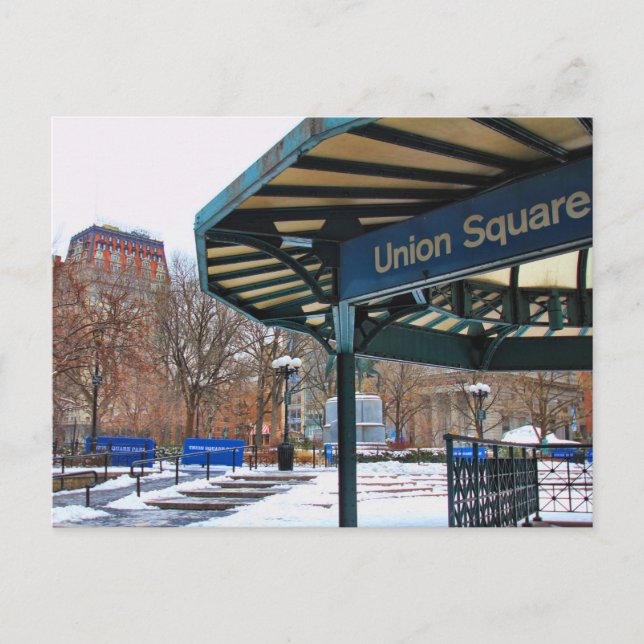 NYC Snowy Union Square in Winter Postcard (Front)