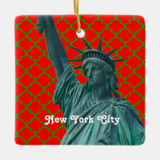 NYC Statue of Liberty Red Grn Quatrefoil Xmas Ceramic Ornament
