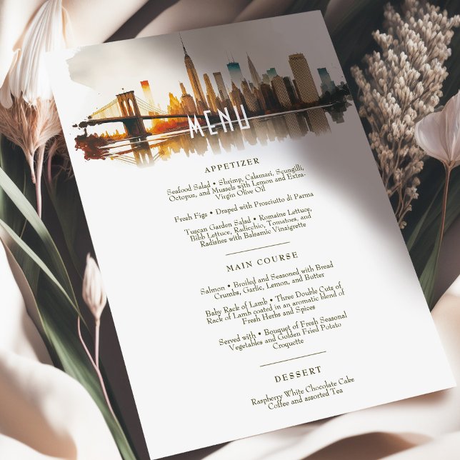 NYC Sundown Skyline Watercolor Wedding Menu Card (Creator Uploaded)