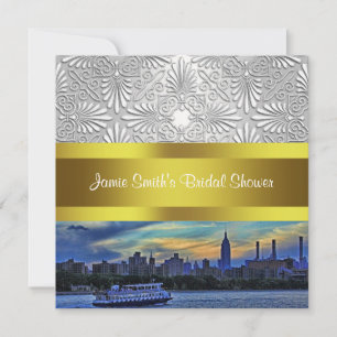 NYC Sunset Skyline ESB White Damask Bridal Shower Invitation