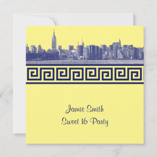 NYC Wide Skyline Etch BW GK Sweet Sixteen SQ Blue Invitation