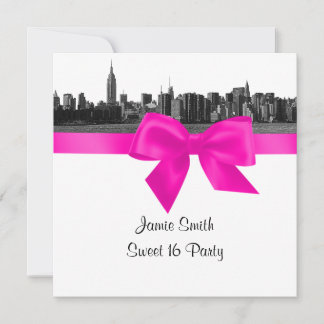 NYC Wide Skyline Etch BW Hot Pink Sweet Sixteen SQ Invitation
