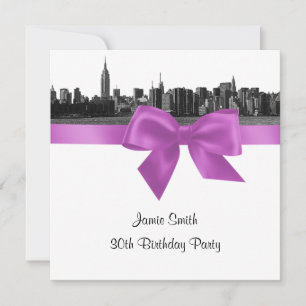 NYC Wide Skyline Etch BW Lilac Birthday Pty SQ Invitation