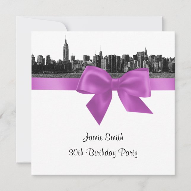 NYC Wide Skyline Etch BW Lilac Birthday Pty SQ Invitation (Front)