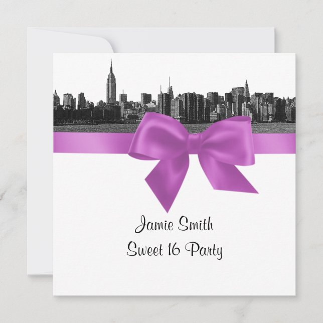 NYC Wide Skyline Etch BW Lilac Sweet Sixteen SQ Invitation (Front)