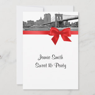 NYC Wide Skyline Etched BB BW Red Sweet Sixteen Invitation
