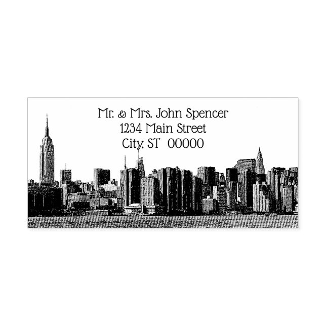 NYC Wide Skyline Etched BW Address Rubber Stamp (Design)