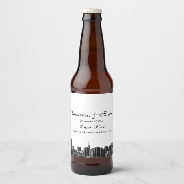 NYC Wide Skyline Etched BW Beer Bottle Label (Front)