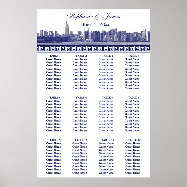 NYC Wide Skyline Etched BW Blue Greek Key S Poster (Front)