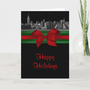 NYC Wide Skyline Etched BW Christmas Holiday 2 Card