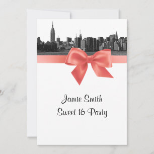 NYC Wide Skyline Etched BW Coral Sweet 16 Invitation