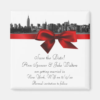 NYC Wide Skyline Etched BW Dark Red Save the Date Magnet