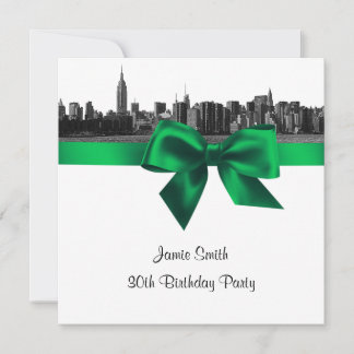 NYC Wide Skyline Etched BW Green Birthday Pty SQ Invitation