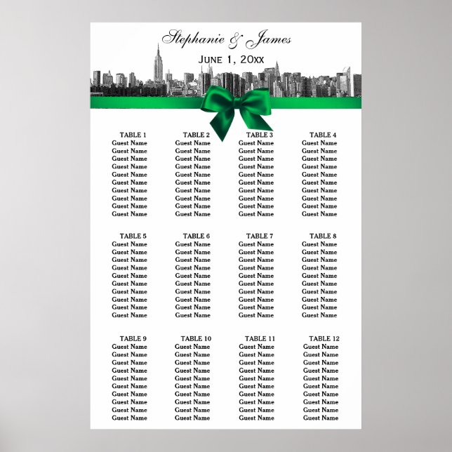 NYC Wide Skyline Etched BW Green Bow Seating Chart (Front)