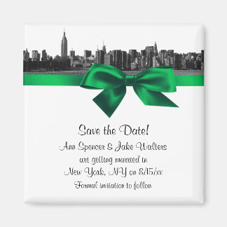 NYC Wide Skyline Etched BW Green Save the Date Magnet
