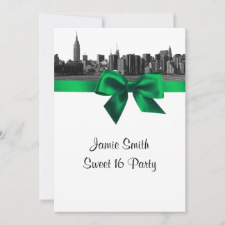 NYC Wide Skyline Etched BW Green Sweet Sixteen Invitation