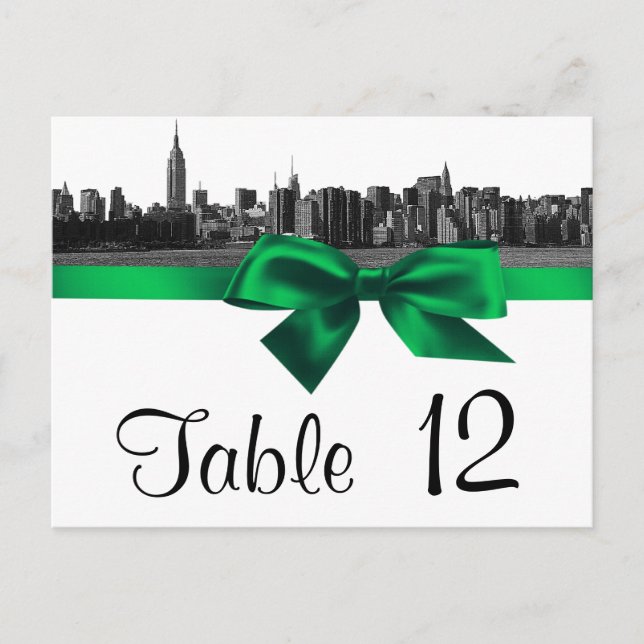 NYC Wide Skyline Etched BW Green Table Number Postcard (Front)