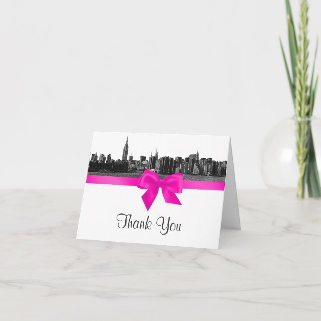 NYC Wide Skyline Etched BW Hot Pink H Thank You Card (Front)