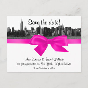 NYC Wide Skyline Etched BW Hot Pink Save the Date Announcement Postcard